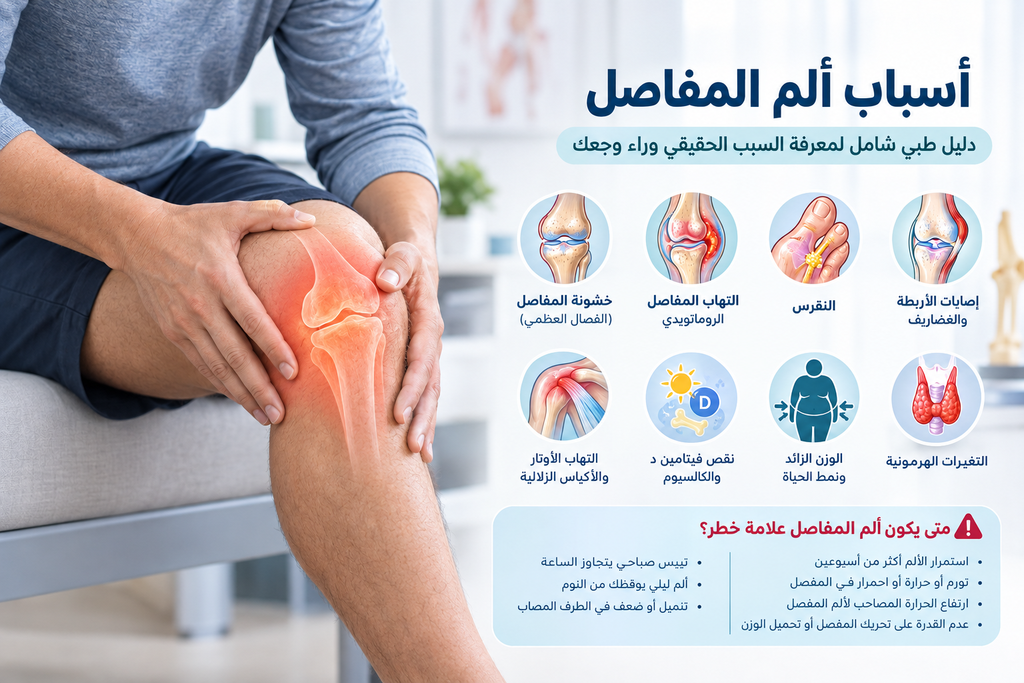 أسباب ألم المفاصل: دليل طبي شامل لمعرفة السبب الحقيقي وراء وجعك تعرف على أسباب ألم المفاصل الأكثر شيوعًا من الخشونة والروماتويد والنقرس إلى إصابات الأربطة، وعلامات الخطر وطرق التشخيص والعلاج مع د. أحمد نبيل.